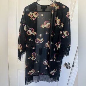 ✨ Angie Sheer Black Floral Fringed Boho Open Front Kimono Cardigan✨